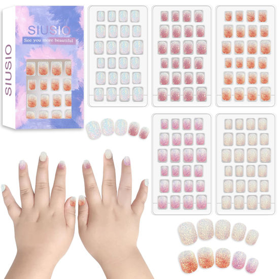 Picture of SIUSIO 120Pcs 5 Pack Press on Nails kids Children Acrylic Fake Nails Cute Pre-glue Full Cover Gradient Color Rainbow Short Stick On False Nail Art Kits Set for Kids Little Girls - Colorful Glitter