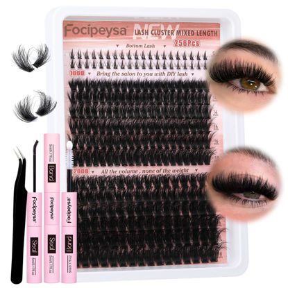 Picture of Focipeysa Lash Extension Kit Fluffy Eyelash Extension kit with Lash Bond and Seal Thick Lash Clusters DIY Lash Extensions Kit Wispy Individual Lashes 12-18mm DIY D Curl Lash Extension