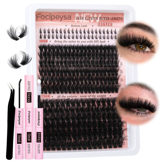 Picture of Focipeysa Lash Extension Kit Fluffy Eyelash Extension kit with Lash Bond and Seal Thick Lash Clusters DIY Lash Extensions Kit Wispy Individual Lashes 12-18mm DIY D Curl Lash Extension
