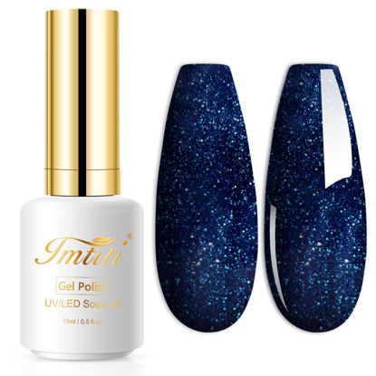 Picture of Imtiti Glitter Blue Gel Nail Polish, 1 Pcs 0.5 fl oz Sparkly navy blue gel nail polish Color Soak Off Gel Polish Nail Art Manicure Salon DIY Nail Lamp Gel Nail Design Christmas Halloween Decoration