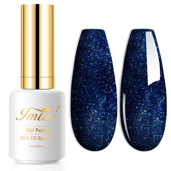 Picture of Imtiti Glitter Blue Gel Nail Polish, 1 Pcs 0.5 fl oz Sparkly navy blue gel nail polish Color Soak Off Gel Polish Nail Art Manicure Salon DIY Nail Lamp Gel Nail Design Christmas Halloween Decoration