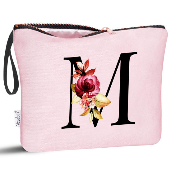 Picture of Vavabox A-Z Personalized Makeup Bag,Birthday Gifts for Women Mom,Gifts for Best Friend,Bride Bridesmaid Cosmetic bag (M, Pink)