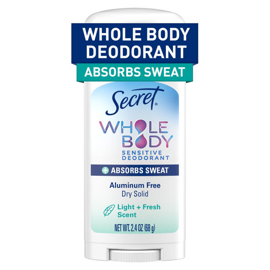 Picture of Secret Whole Body Deodorant Dry Feel Stick + Absorbs Sweat for Women, Light & Fresh Scent, Aluminum Free Deodorant Stick, 72 HR Odor Protection, 2.4 oz