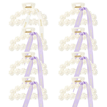 Picture of DEEKA Bridesmaid Proposal Gifts 8 Pack Pearl Bridesmaid Hair Claw Clips with Ribbon 3 Inch Hair Clips Bachelorette Party Favors Bridal Party Present Hair Accessories (Half Circle White&Purple)