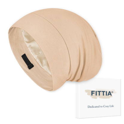 Picture of Fittia Satin Hair Bonnet for Sleeping, Silky No Frizzy for Curls Care, Adjustable Strap for Non-Slip, Dreadlocks Cap for Women&Men Taupe