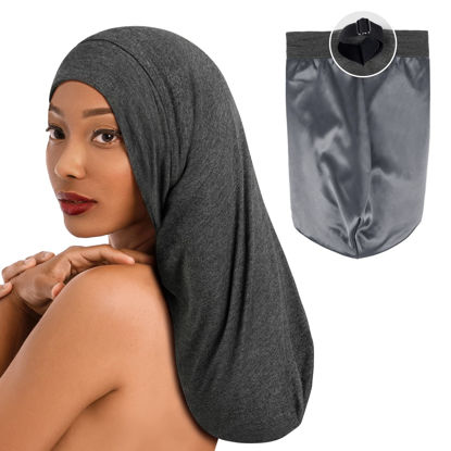 Picture of Fittia Long XL Silk Satin Bonnet for Braids, Dreadlocks for Curly Hair Sleeping, Large Silk Sleep Cap for Black Women Men Frizzy Hair