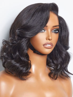 Picture of LUVME HAIR 12 Inch Light Yaki Loose Wave Wig Gorgeous Human Hair, Undetectable HD Lace Glueless Bob Wigs Human Hair Pre Plucked, Pre Cut Lace Wig Short Natural Black Wig