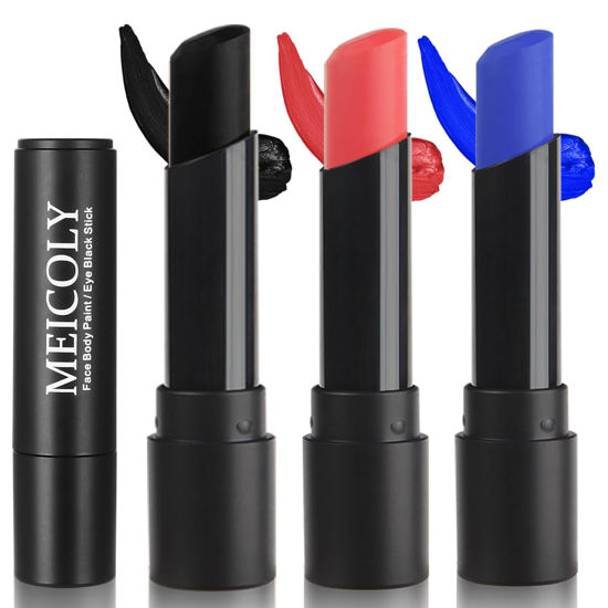 Picture of MEICOLY 3Pcs Royal Blue Black Red Face Body Paint Stick,Face Paint for Halloween SFX Devil Cosplay Makeup,Body Paint for Adults Kids,Waterproof Eye Black for Baseball/Football/Softball,Blue+Black+Red