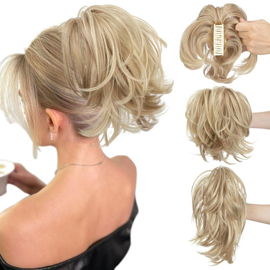Picture of CJL HAIR Claw Clip Short Ponytail Hair Extensions DIY Bendable Metals Messy Bun Hair Piece for Wonen Straight Synthetic Fake Hairpieces Dirty Blonde