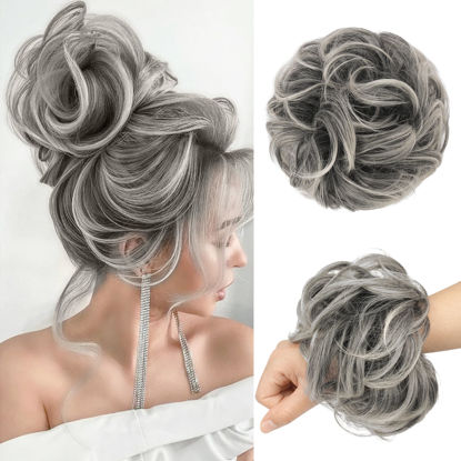 Picture of FESHFEN Messy Bun Hair Piece - Large Wavy Curly Elastic Hair Bun Scrunchies Ponytail Extensions Synthetic Chignon Hairpieces for Women, Gray and White Tips 1.94oz