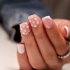 Picture of 24Pcs White French Tip Press on Nails Heart Short Square Fake Nails Valentine’s Day Artificial False Nails with White Hearts Design Glossy Full Cover Glue on Nails Cute Stick on Nails for Women