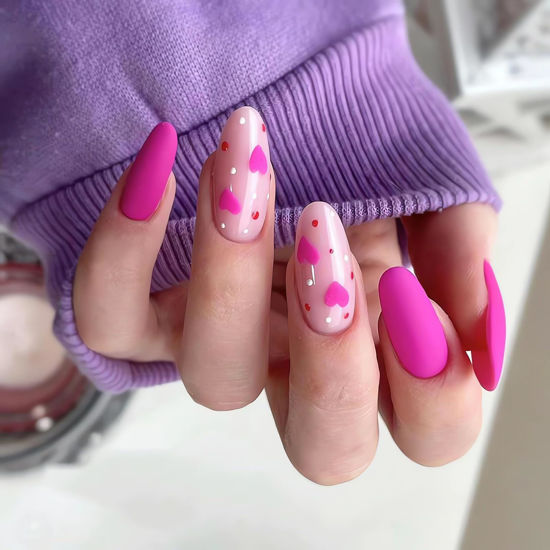 Picture of Almond Valentine Press on Nails Rose Red Heart Fake Nails with Dot Design Matte Pink Almond Medium Acrylic Nails Press ons Full Cover False Nails Reusable Stick on Nails Glue on Nails for Women 24Pcs