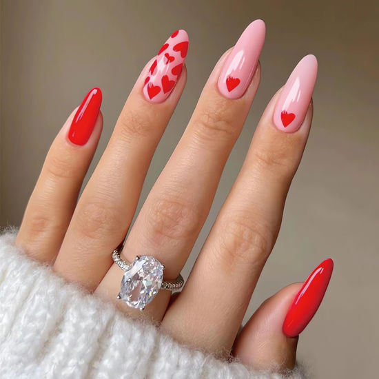 Picture of Almond Heart Press on Nails Red Pink Valentine’s Day Fake Nails Medium Length Red Heart Designs False Nail Tips Glossy Full Cover Glue on Nails Cute Valentines Hearts Stick on Nail for Women