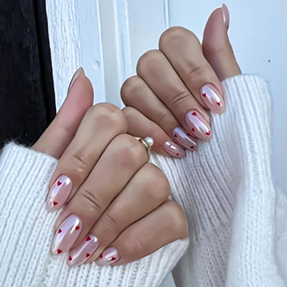 Picture of Almond Heart Press on Nails Glossy Pink Fake Nails Medium Length Acrylic False Nails with Red Small Hearts Design Reusable Artificial Nails Press ons Valentine’s Day Glue on Nails for Women 24Pcs