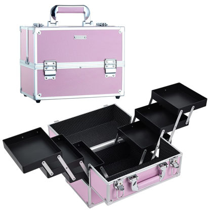 Picture of Frenessa Makeup Train Case Large Portable Cosmetic Case - 6 Tier Trays Professional Makeup Storage Organizer Box Make Up Carrier with Lockable keys - Pink
