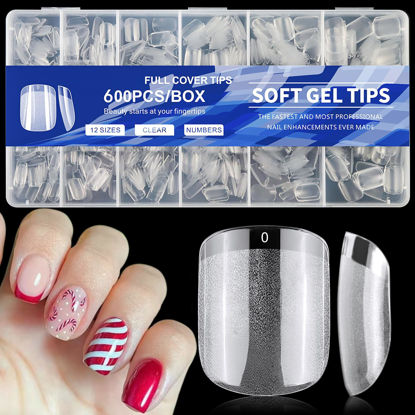 Picture of AddFavor 600pcs Short Square Nail Tips, Soft Gel X Nail Tips Clear Fake Nails Full Cover Acrylic Nail Tips for Extension Nail Manicure Salon Home DIY