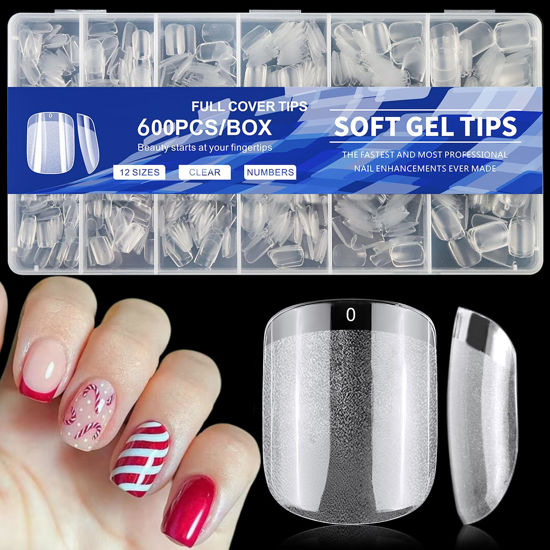 Picture of AddFavor 600pcs Short Square Nail Tips, Soft Gel X Nail Tips Clear Fake Nails Full Cover Acrylic Nail Tips for Extension Nail Manicure Salon Home DIY