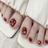 Picture of Red Press on Toenails Flower Fake Toe Nails Glitter False Toenails Full Cover Acrylic Toenails with Design Gold Toe Nail Press ons for Women Glossy Toe Nail Tips Glue on ToeNails 24 pcs