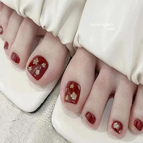 Picture of Red Press on Toenails Flower Fake Toe Nails Glitter False Toenails Full Cover Acrylic Toenails with Design Gold Toe Nail Press ons for Women Glossy Toe Nail Tips Glue on ToeNails 24 pcs
