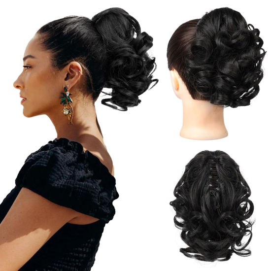 Picture of REECHO Ponytail Extension, 9" Short Curly Wavy Claw Clip Pony tails Hair Extensions HP001 Hairpieces for Women - Black