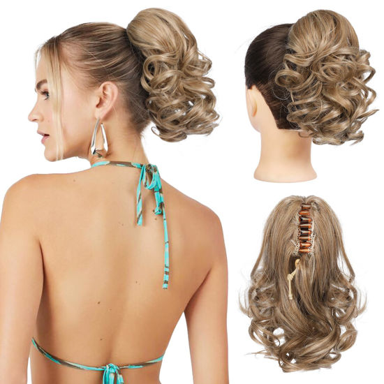 Picture of REECHO 9" Short Ponytail Extension, Classic Loose Curly Wavy Claw Clip Pony tails Hair Extensions HP001 Hairpieces for Women - Dark Blonde
