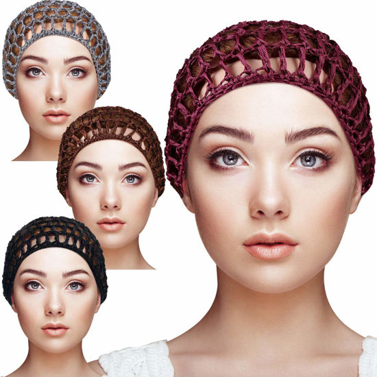 Picture of 4 Pieces Mesh Crochet Hair Net Rayon Knit Snood Hat Thick Short Women Hairnet Snoods Cover Ornament for Sleeping (Black, Gray, Wine Red, Brown)