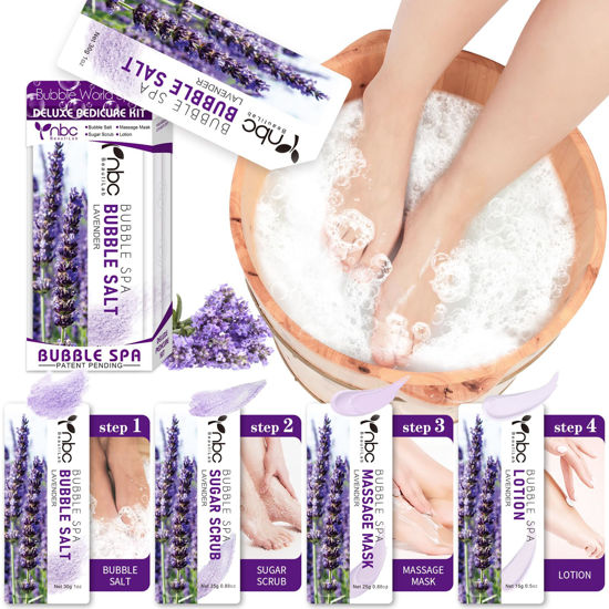Picture of nbc BeautiLab Pedicure Kit Foot Soak Set: Bubble Salt, Sugar Scrub, Massage Mask, Massage Lotion in a Box, 4 Step Foot Spa Kit for Dry Feet,Tired Feet（1 Set Lavender)