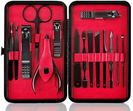 Picture of Keiby Citom Professional Stainless Steel Nail Clipper Travel & Grooming Kit Nail Tools Manicure & Pedicure Set of 15pcs with Luxurious Case (Black/Red)