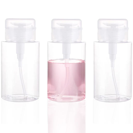 Picture of 3 Pack Push Down Pump Dispenser Empty Push Top Bottles Containers for Nail Polish Makeup Remover Micellar Water Facial Toner 6.7oz/200ML
