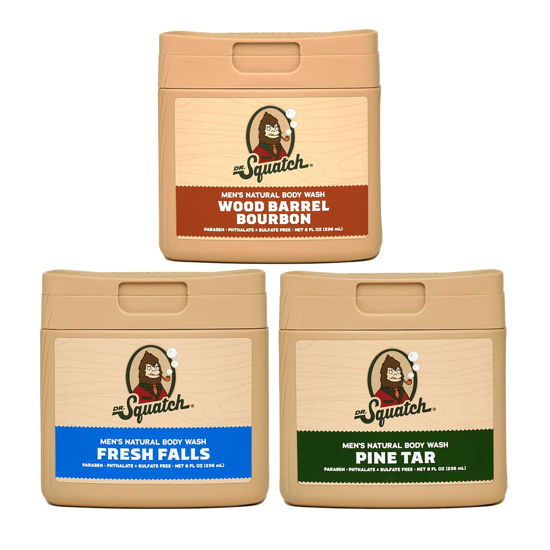 Picture of Dr. Squatch NEW Natural Body Wash for Men - Non-Exfoliating - Pine Tar + Wood Barrel Bourbon + Fresh Falls (8 oz, 3 Pack)