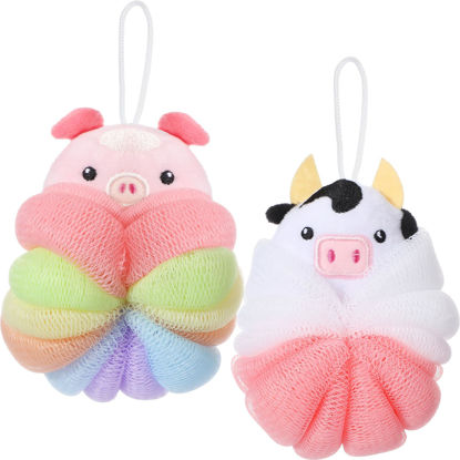 Picture of Nuenen 2 Pcs Bath Loofahs Kids Toddler Body Loofahs Cute Cartoon Kids Loofah Kid Bath Sponges Loofah Bath Pouf Body Scrubber Mesh Loofah Sponges for Children Shower Washing (Calf, Pig)