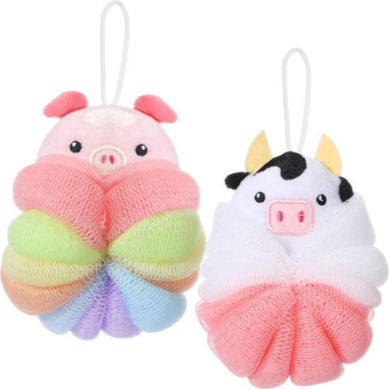 Picture of Nuenen 2 Pcs Bath Loofahs Kids Toddler Body Loofahs Cute Cartoon Kids Loofah Kid Bath Sponges Loofah Bath Pouf Body Scrubber Mesh Loofah Sponges for Children Shower Washing (Calf, Pig)