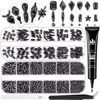 Picture of 3220Pcs Black Glass Nail Rhinestones 120Pcs Multi Shapes Flatback Nail Gems + 3100Pcs 1.5-4mm Round Crystal with Rhinestones Glue Gel, Manicure Nail Charms Diamond Gemstones for Nail Art
