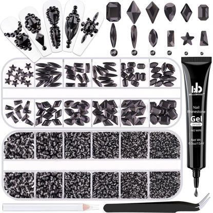 Picture of 3220Pcs Black Glass Nail Rhinestones 120Pcs Multi Shapes Flatback Nail Gems + 3100Pcs 1.5-4mm Round Crystal with Rhinestones Glue Gel, Manicure Nail Charms Diamond Gemstones for Nail Art