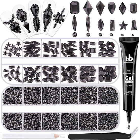 Picture of 3220Pcs Black Glass Nail Rhinestones 120Pcs Multi Shapes Flatback Nail Gems + 3100Pcs 1.5-4mm Round Crystal with Rhinestones Glue Gel, Manicure Nail Charms Diamond Gemstones for Nail Art
