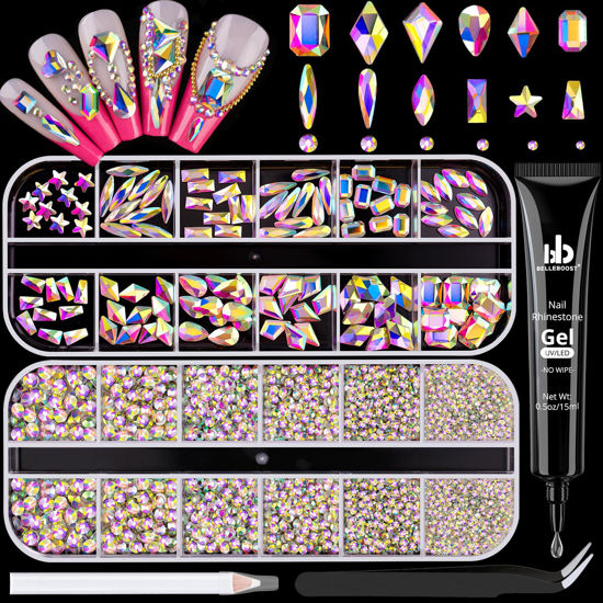Picture of 3220Pcs AB Glass Nail Rhinestones 120Pcs Multi Shapes Flatback Nail Gems + 3100Pcs 1.5-4mm Round Crystal with Rhinestones Glue Gel, Manicure Nail Charms Diamond Gemstones for Nail Art