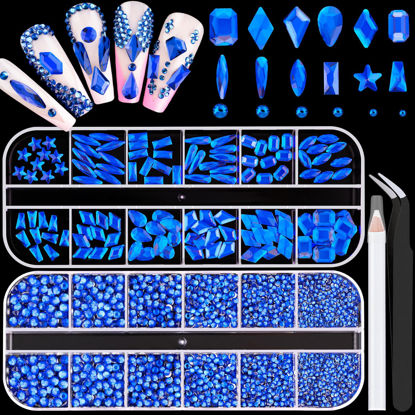 Picture of 3220Pcs Royal Blue Glass Nail Rhinestones 120Pcs Multi Shapes Flatback Gems Crystal + 3100Pcs 1.5-4mm Round Beads, Manicure Diomand Jewelry Gemstones for Nail Design Makeup Acrylic Nails Decoration