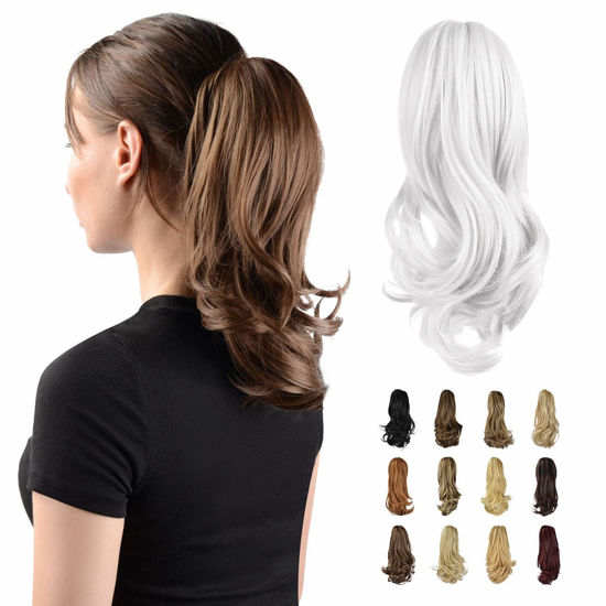 Picture of SOFEIYAN 13" Ponytail Extension Long Curly Ponytail Clip in Claw Hair Extension Natural Looking Synthetic Hairpiece for Women, Silver Grey