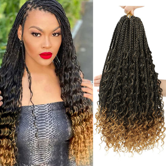 Picture of 8 Packs Goddess Box Braids Crochet Hair-18 Inch Crochet Box Braids Pre-looped Bohomian Crochet Braids Hair Synthetic Braiding Hair Extensions Crochet Hair for Black Women (1B/27)