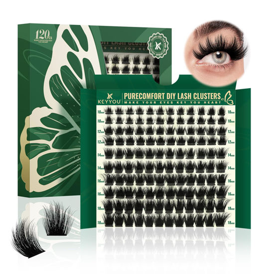 Picture of KEYYOU Lash Clusters 120pcs Eyelash Clusters 10-18mix D Curl Cluster Lashes Thick Super Soft Wispy DIY Eyelash Extension at Home(PC01-D-10-18MIX)
