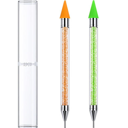 Picture of Tatuo 2 Pieces Rhinestone Picker Dotting Pen, Dual Ended Rhinestone Gems Crystals Studs Picker Wax Pencil Pen Crystal Beads Handle Manicure Nail Art DIY Decoration Tool (Green, Yellow)