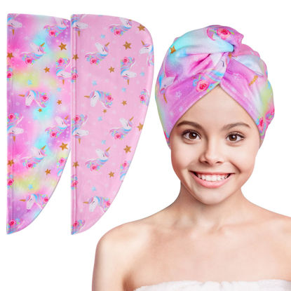 Picture of Basumee Microfiber Hair Towel Wrap for Kids 2 Pack Rapid Drying Hair Towel with Button Hair Turbans for Wet Hair Wraps Head Towel Wrap for Women and Girls, Light Pink