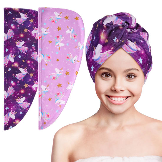 Picture of Basumee Microfiber Hair Towel Wrap for Kids 2 Pack Rapid Drying Hair Towel with Button Hair Turbans for Wet Hair Wraps Head Towel Wrap for Women and Girls, Purple