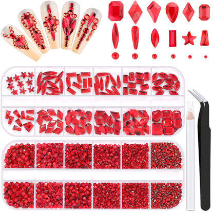 Picture of 3220Pcs Red Glass Nail Rhinestones 120Pcs Multi Shapes Flatback Gems Crystal + 3100Pcs 1.5-4mm Round Beads, Manicure Diomand Jewelry Gemstones for Nail Design Makeup Acrylic Nails Decoration