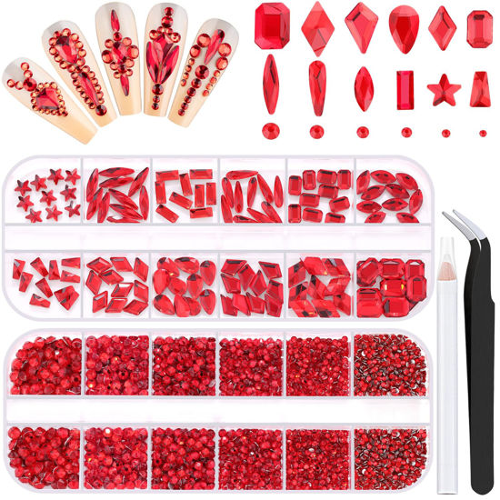 Picture of 3220Pcs Red Glass Nail Rhinestones 120Pcs Multi Shapes Flatback Gems Crystal + 3100Pcs 1.5-4mm Round Beads, Manicure Diomand Jewelry Gemstones for Nail Design Makeup Acrylic Nails Decoration