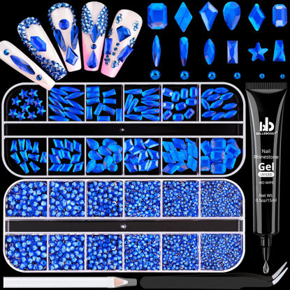 Picture of 3220Pcs Royal Blue Glass Nail Rhinestones 120Pcs Multi Shapes Flatback Nail Gems + 3100Pcs 1.5-4mm Round Crystal with Rhinestones Glue Gel, Manicure Nail Charms Diamond Gemstones for Nail Art