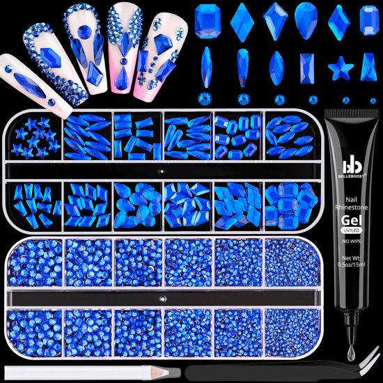 Picture of 3220Pcs Royal Blue Glass Nail Rhinestones 120Pcs Multi Shapes Flatback Nail Gems + 3100Pcs 1.5-4mm Round Crystal with Rhinestones Glue Gel, Manicure Nail Charms Diamond Gemstones for Nail Art