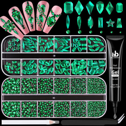Picture of 3220Pcs Emerald Green Glass Nail Rhinestones 120Pcs Multi Shapes Flatback Nail Gems +3100Pcs 1.5-4mm Round Crystal with Rhinestones Glue Gel, Manicure Nail Charms Diamond Gemstones for Nail Art