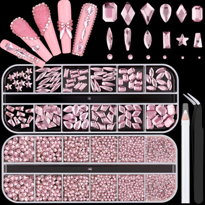Picture of 3220Pcs Pink Glass Nail Rhinestones 120Pcs Multi Shapes Flatback Gems Crystal + 3100Pcs 1.5-4mm Round Beads, Manicure Diomand Jewelry Gemstones for Nail Design Makeup Acrylic Nails Decoration