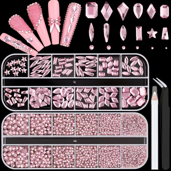 Picture of 3220Pcs Pink Glass Nail Rhinestones 120Pcs Multi Shapes Flatback Gems Crystal + 3100Pcs 1.5-4mm Round Beads, Manicure Diomand Jewelry Gemstones for Nail Design Makeup Acrylic Nails Decoration